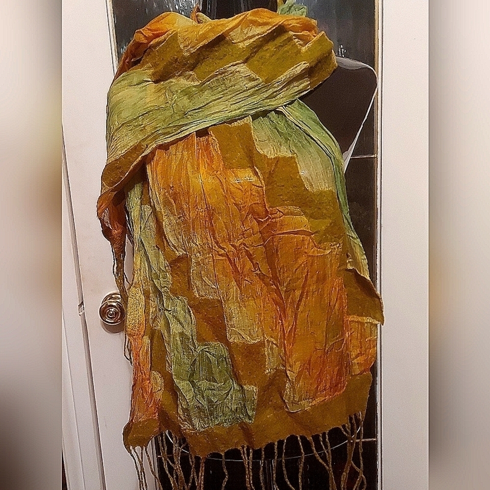 Coastal Grandma Chic Wool-Silk Felted Scarf Handcrafted Textured Shawl